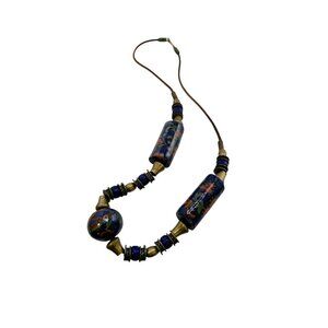 Vintage 70's Blue Ceramic Beaded Necklace (A8237)